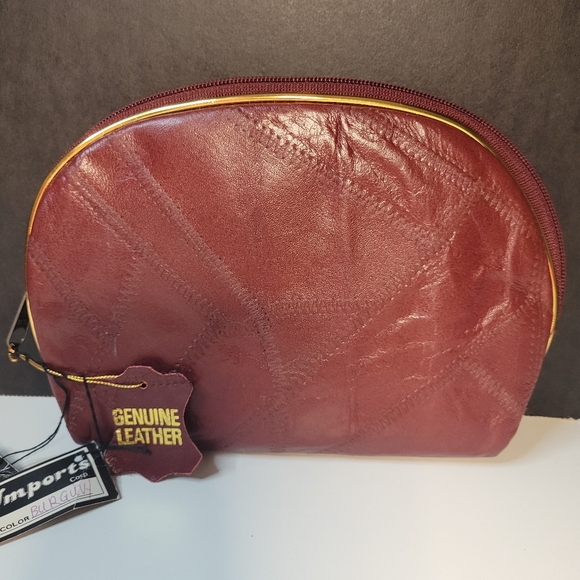 Vintage Set 4 Burgundy Red Leather Patchwork Zip Cosmetic Bag Coin Purse Makeup - Picture 10 of 11